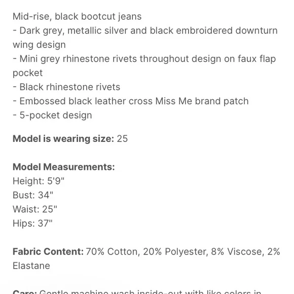 Miss Me -“Angel Wing” black mid-rise bootcut jeans… size 32x32 - Picture 4 of 4